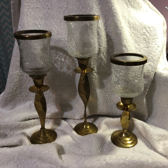 Vintage cracked glass and spiral brass candleholders made in India - Picture 1 of 12